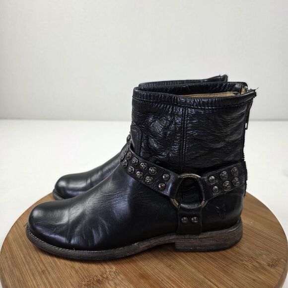 Frye Harness Boots Shoes Womens Size 6.5 Black Leather Studded Moto Western Zip - Picture 1 of 15